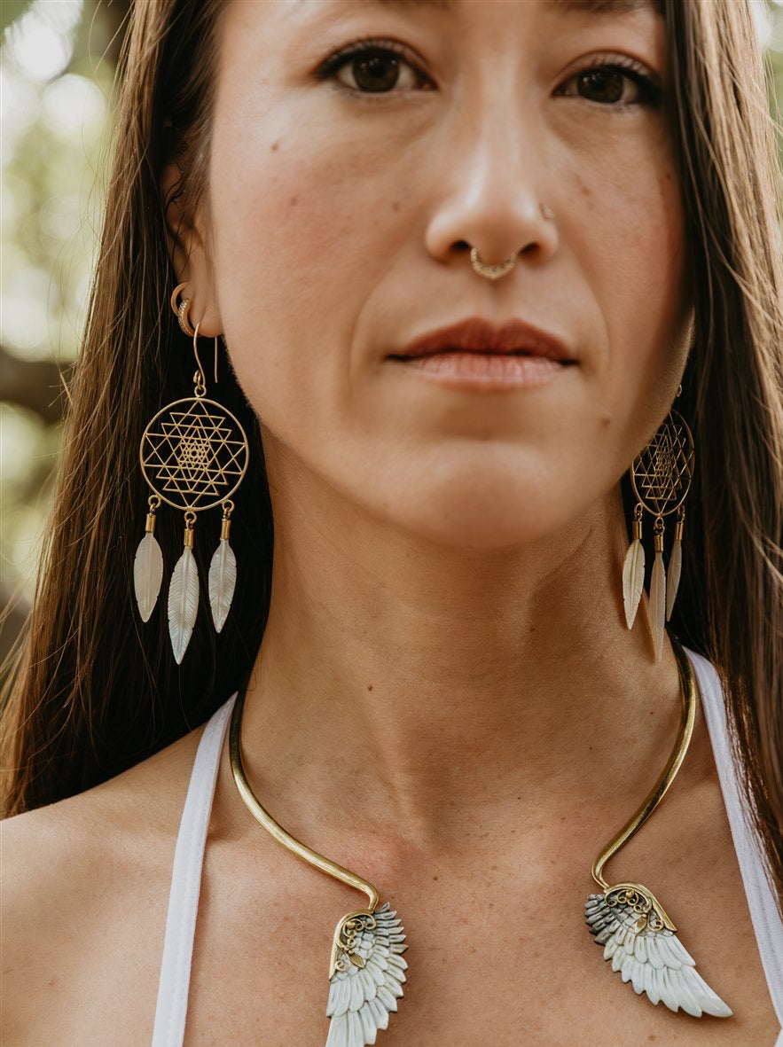 Sri Yantra Feather Earrings