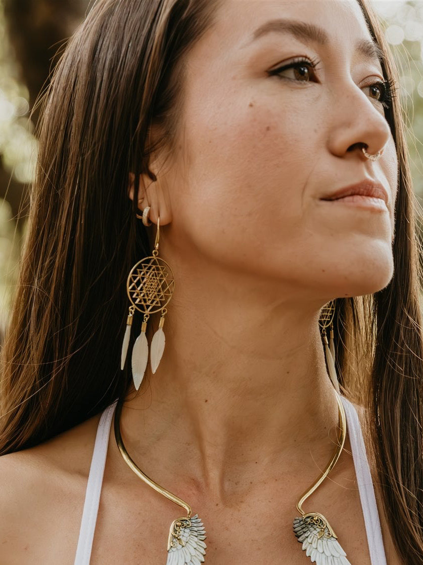Sri Yantra Feather Earrings